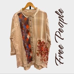 Free People patchwork oversized button up top beige size S